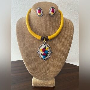Yellow Embroidered Necklace Set